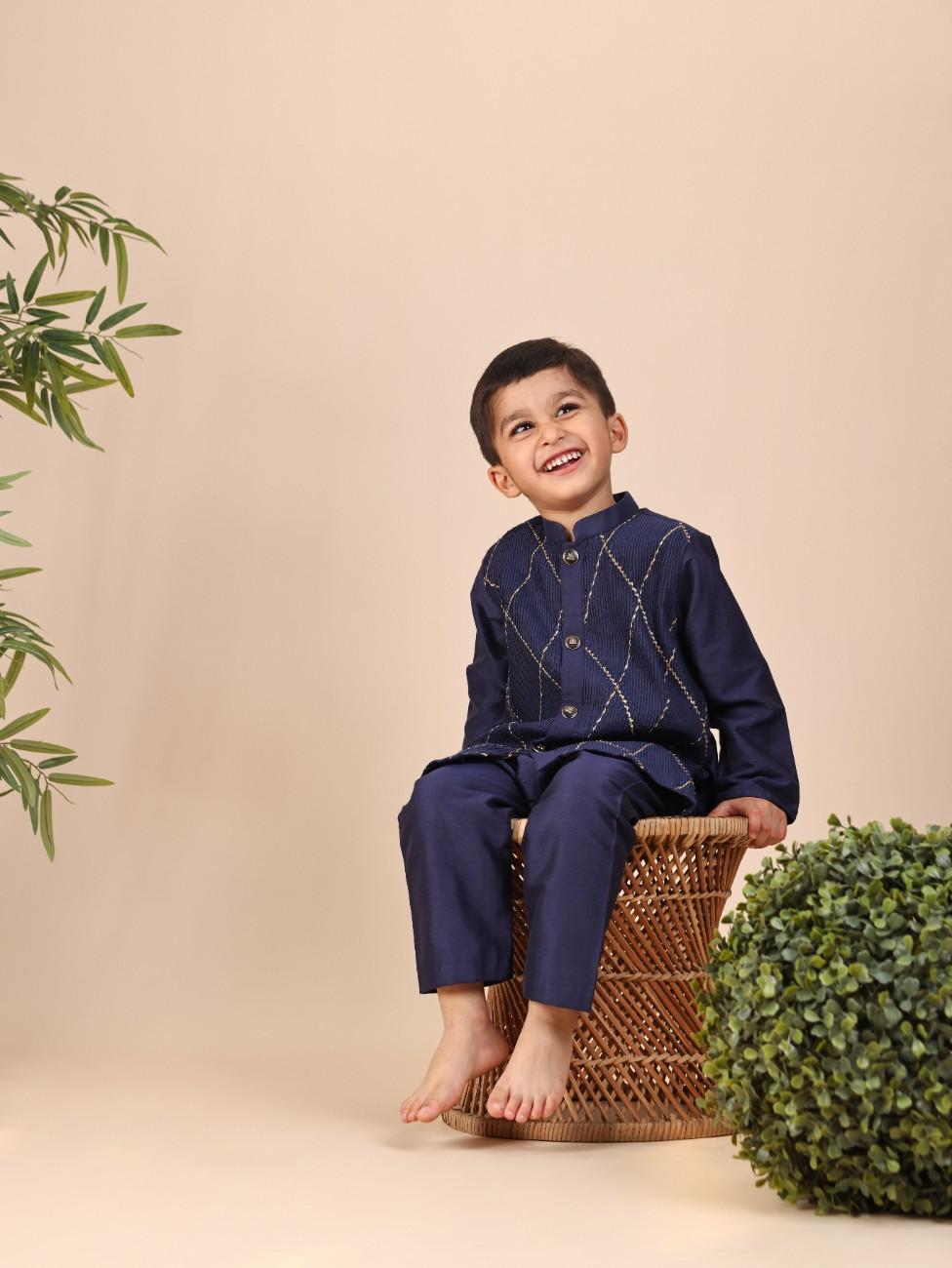 Ink Blue Zari Pintuck Kurta and Pant