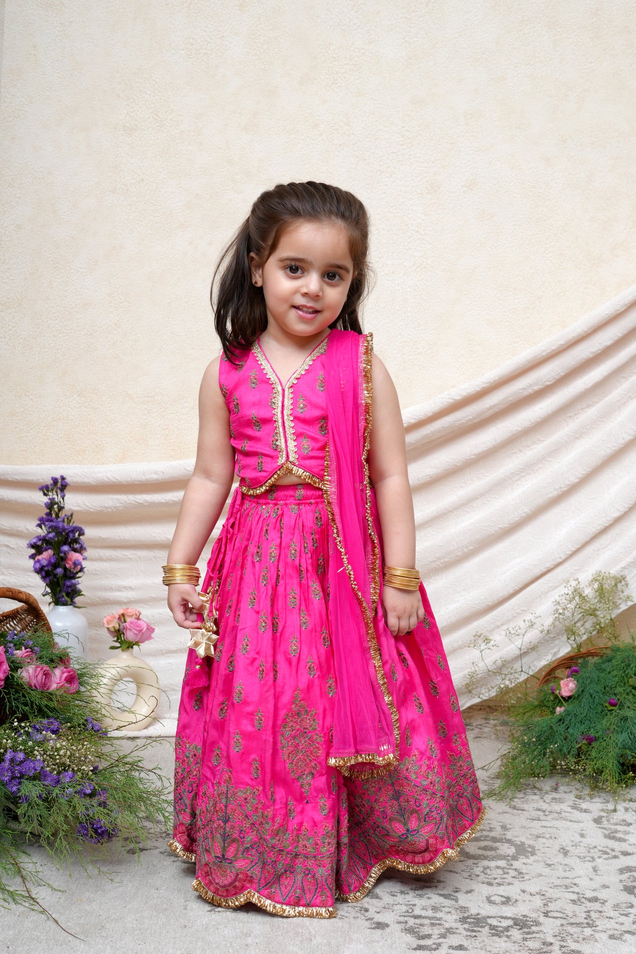Hot Pink Fully Thread Embroidered Ghaghra Blouse With Dupatta