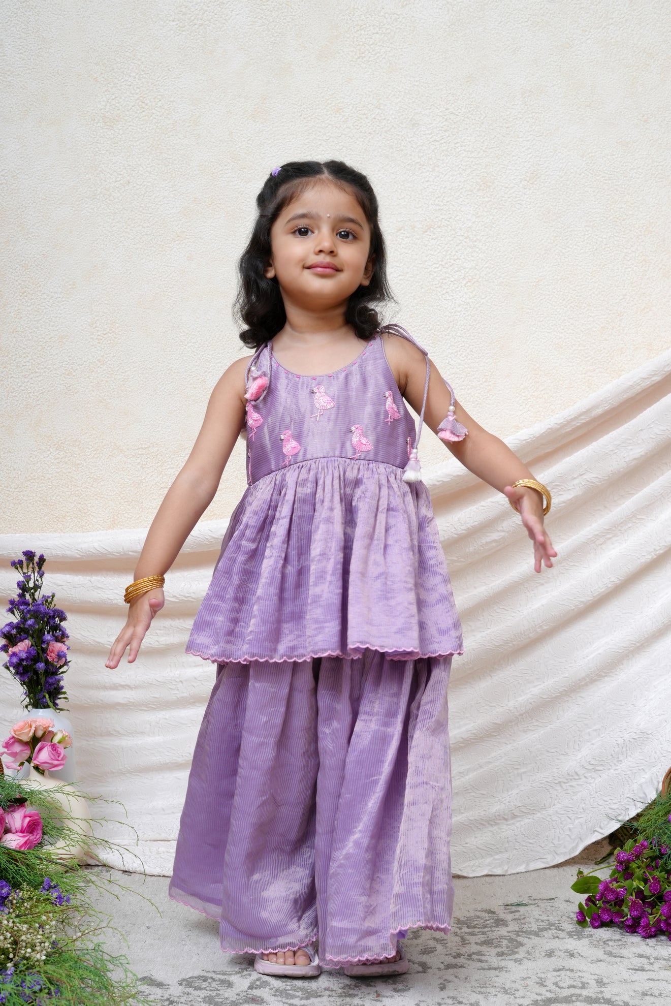 Flamingo Beaded Lavender Strapless Tissue Peplum and Flare Pant