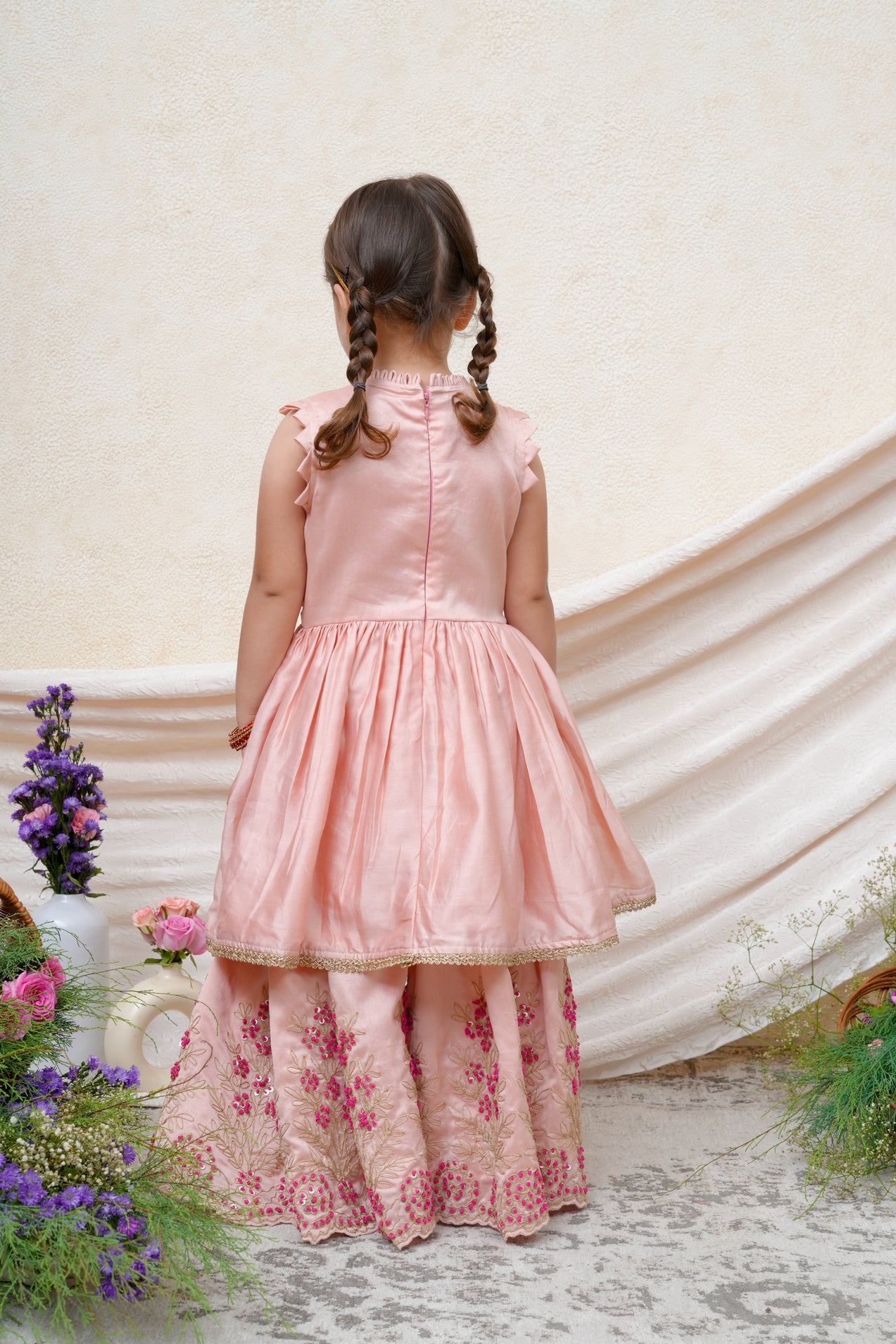 Zari And Thread Embroidered Dust Pink Chanderi Peplum and Flare Pant