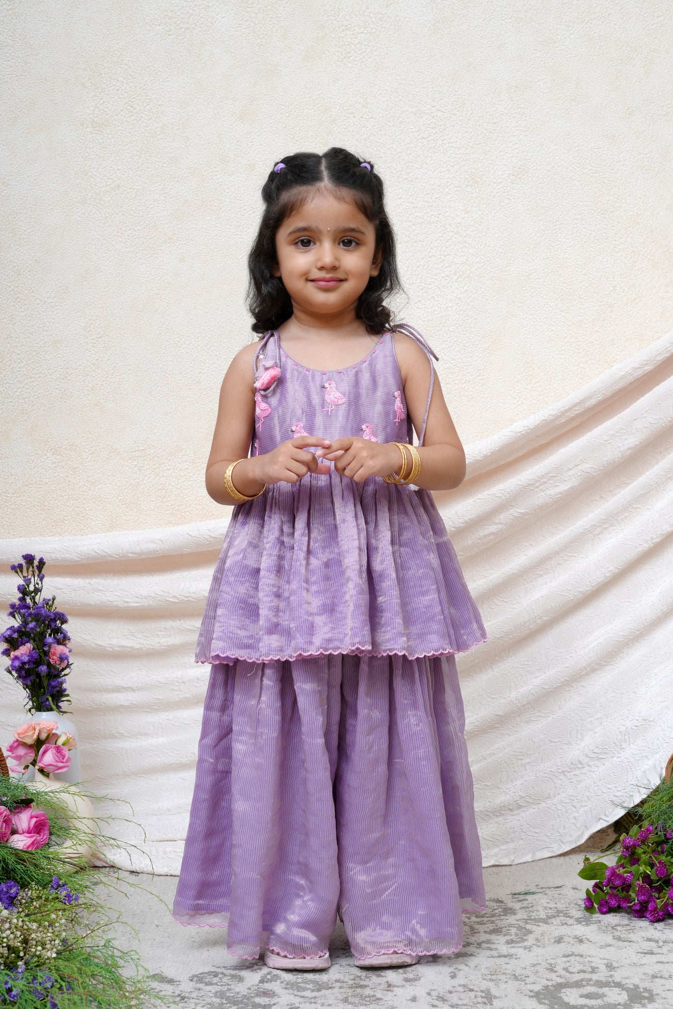 Flamingo Beaded Lavender Strapless Tissue Peplum and Flare Pant