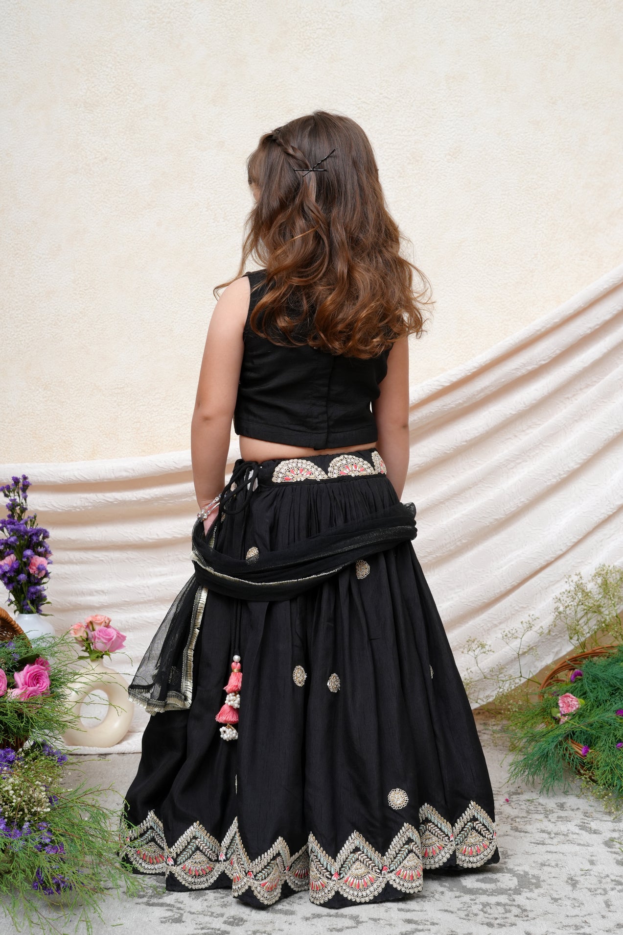 Beautiful Zari And Thread Embroidered Black Coloured Ghaghra and Blouse with Dupatta