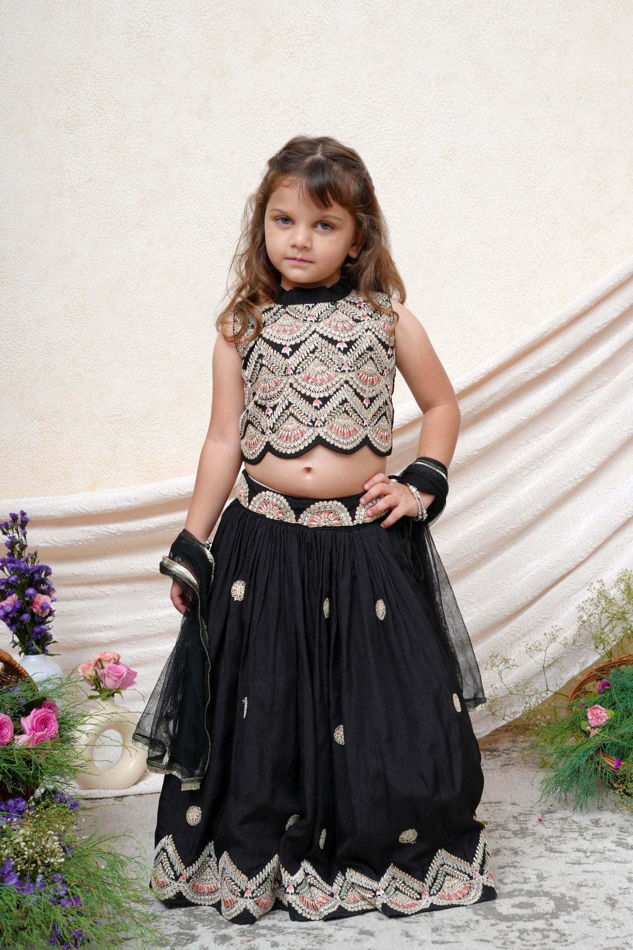 Beautiful Zari And Thread Embroidered Black Coloured Ghaghra and Blouse with Dupatta