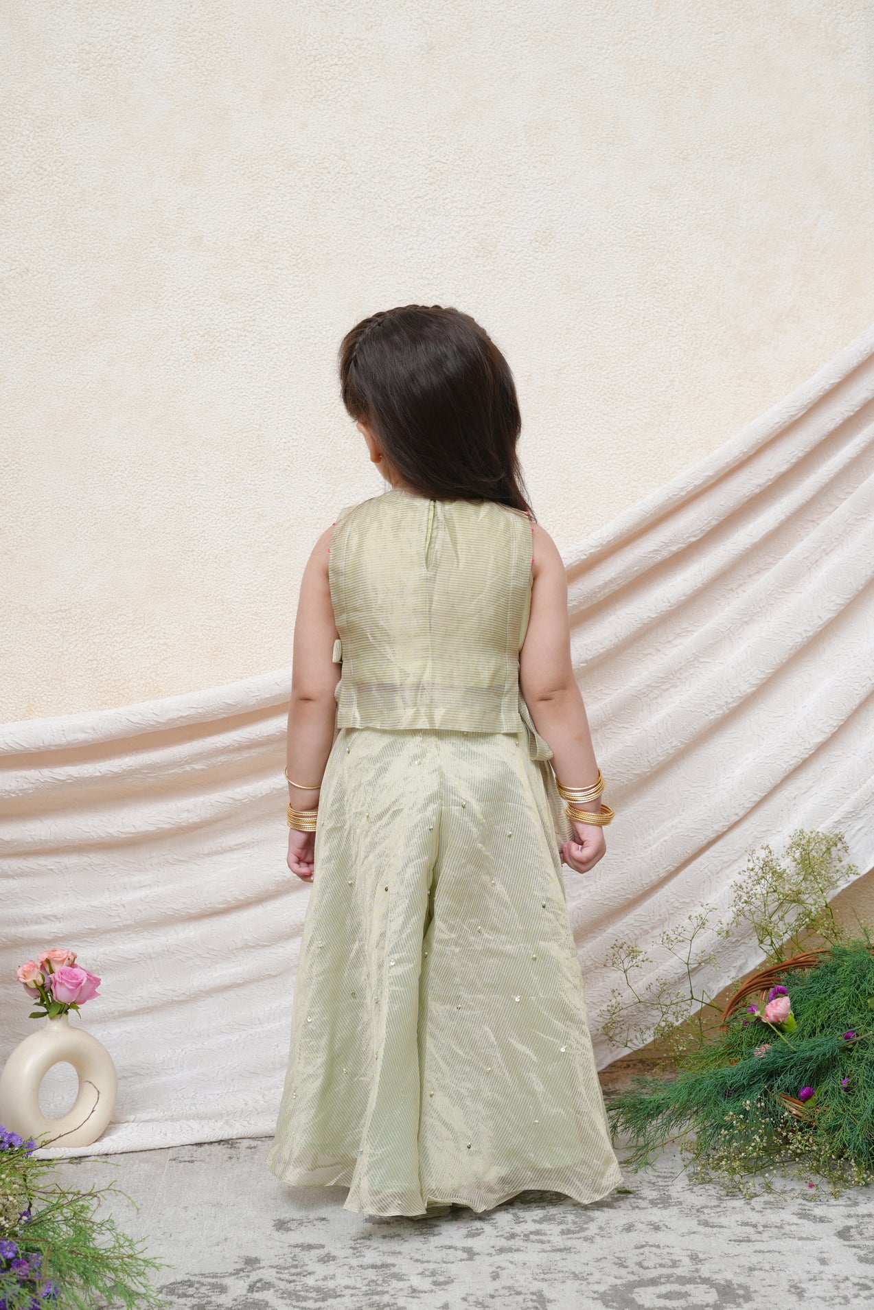 Beads Embroidered Mint Tissue Bib With Crop Top and Flare Pant