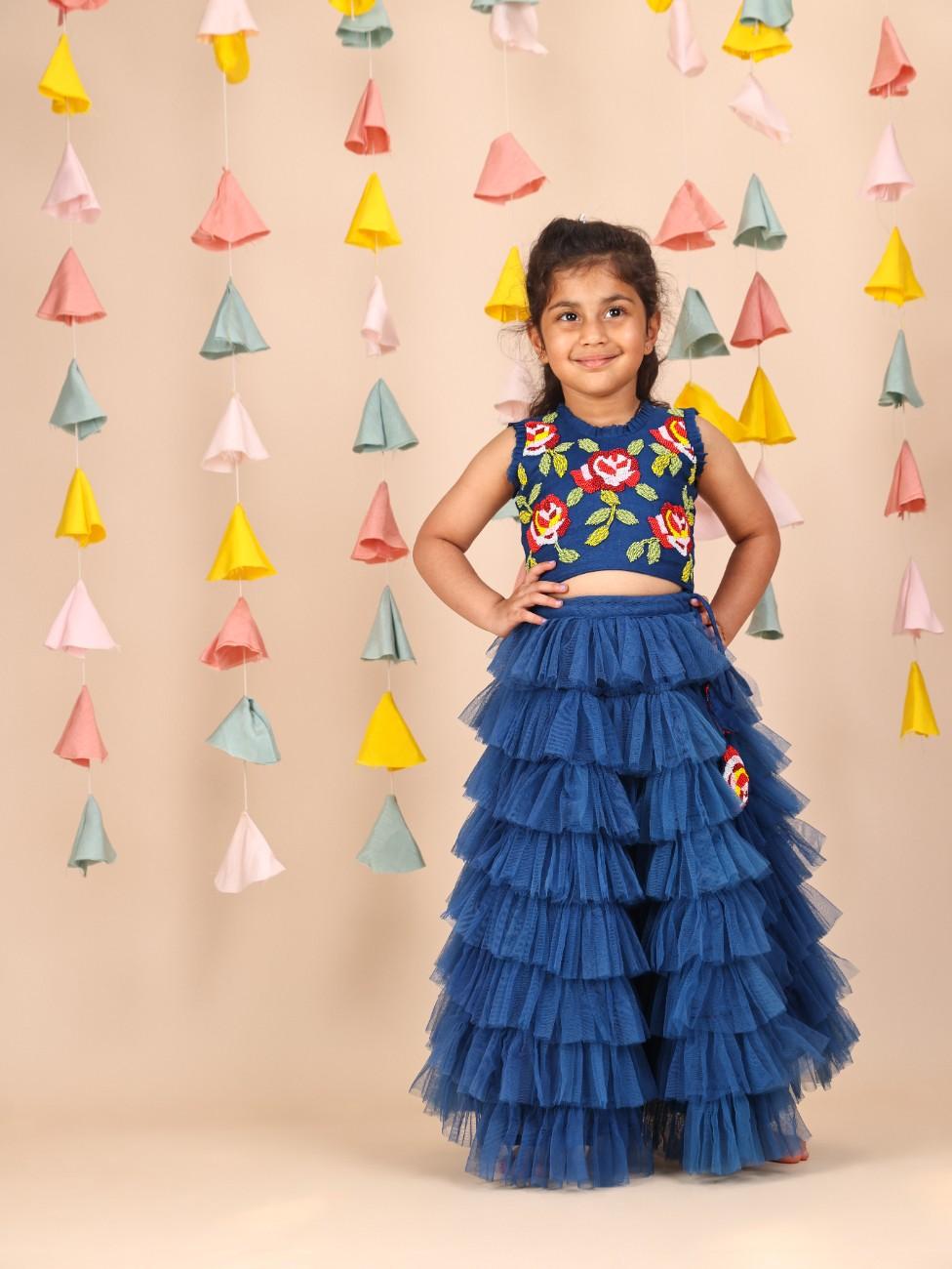 Royal Blue Beads Top with Net Layered skirt