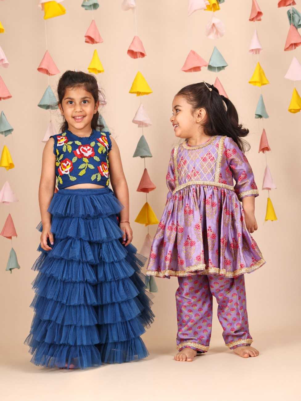 Royal Blue Beads Top with Net Layered skirt for 2 Years Old