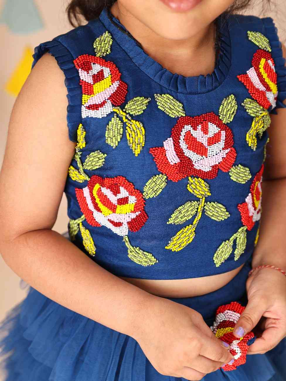 Royal Blue Beads Top with Net Layered skirt