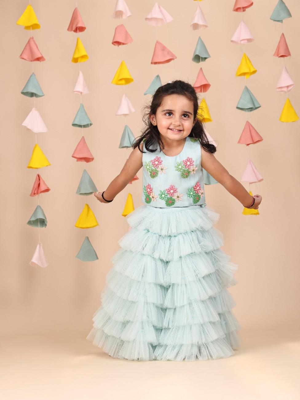 Mint Beads Embroidered Top with Net Layred Skirt