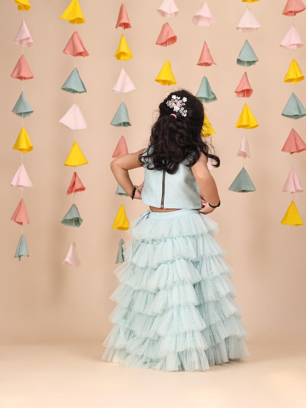 Mint Beads Embroidered Top with Net Layred Skirt