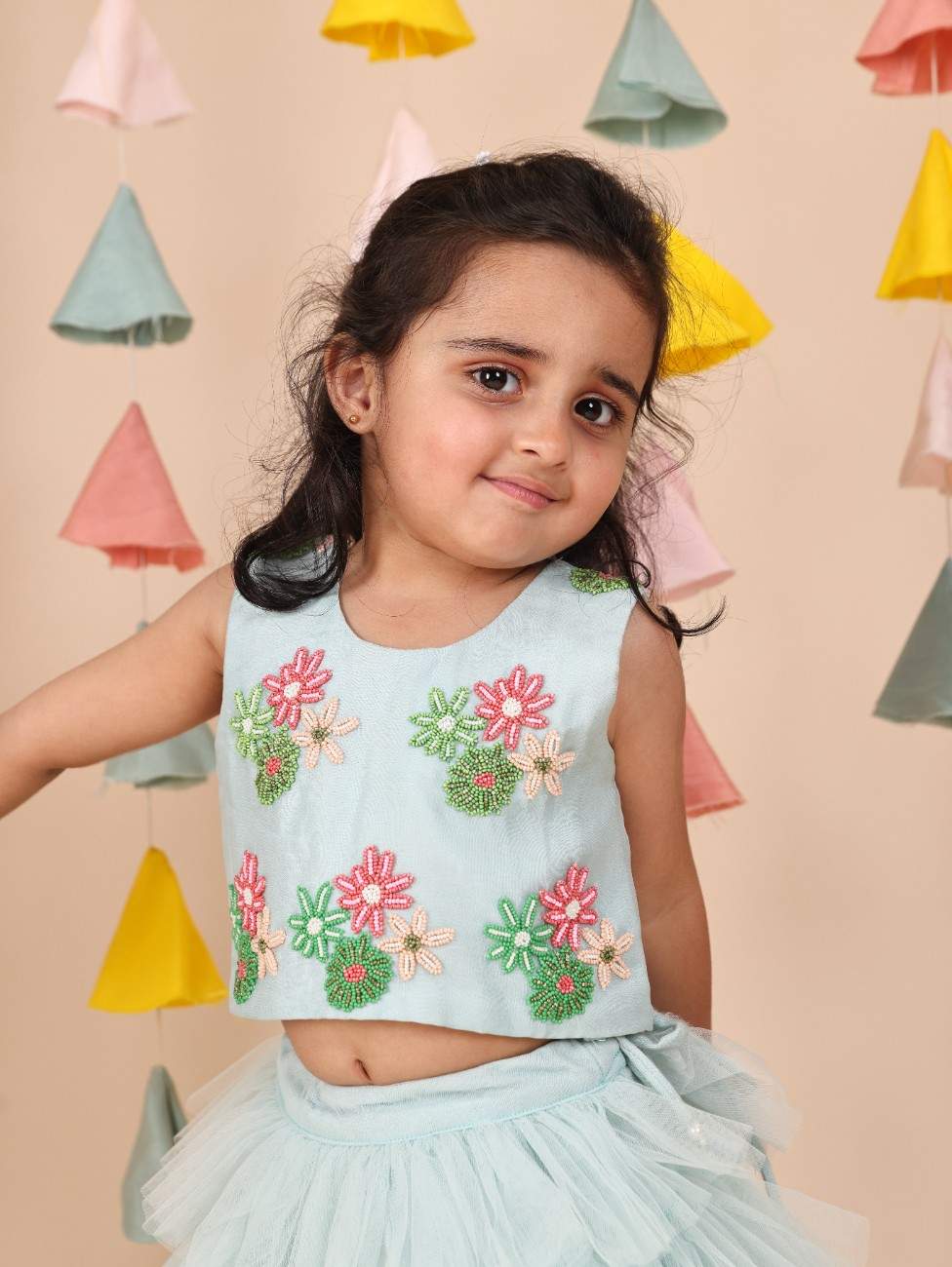 Mint Beads Embroidered Top with Net Layred Skirt