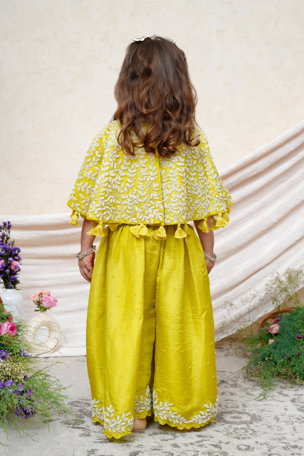 Lime Green Moti Jaal Poncho Top and Flare Pant