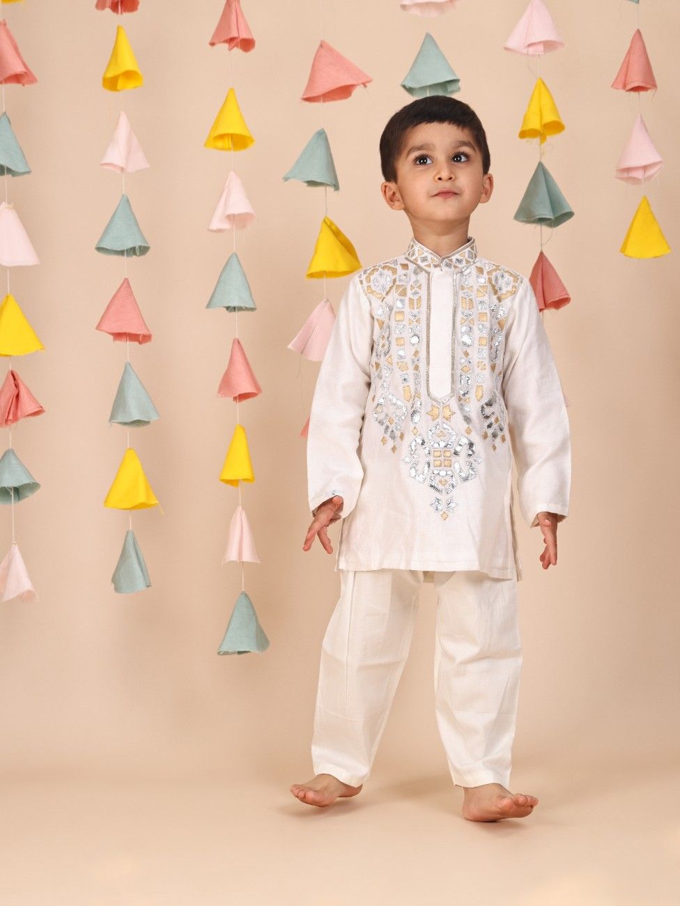 Silver and Golden Leather Embroidered Off White Kurta and Pant