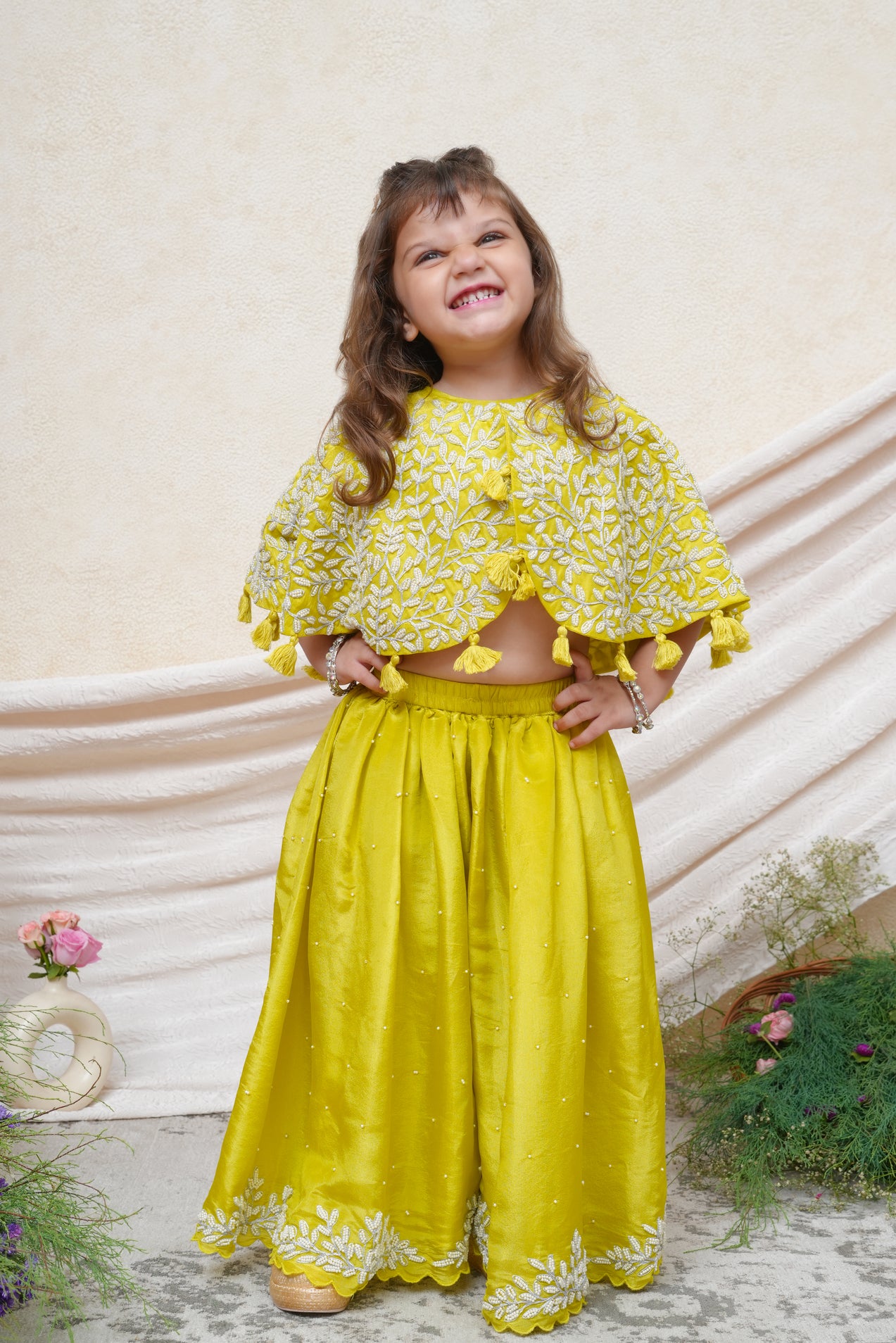Lime Green Moti Jaal Poncho Top and Flare Pant