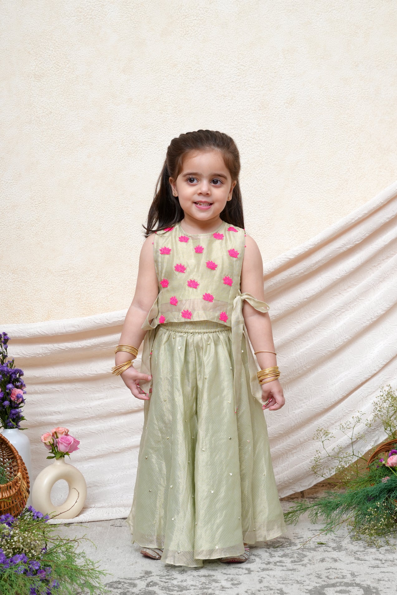 Beads Embroidered Mint Tissue Bib With Crop Top and Flare Pant