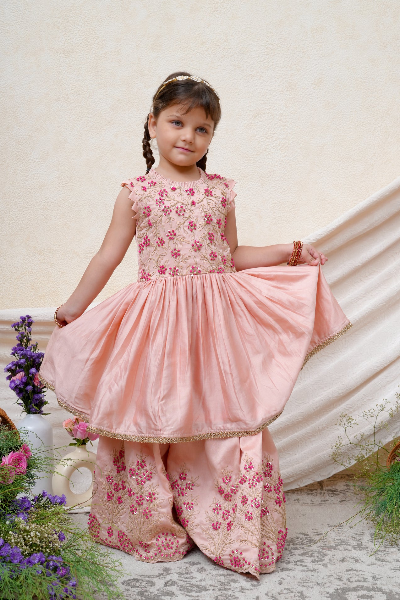 Zari And Thread Embroidered Dust Pink Chanderi Peplum and Flare Pant