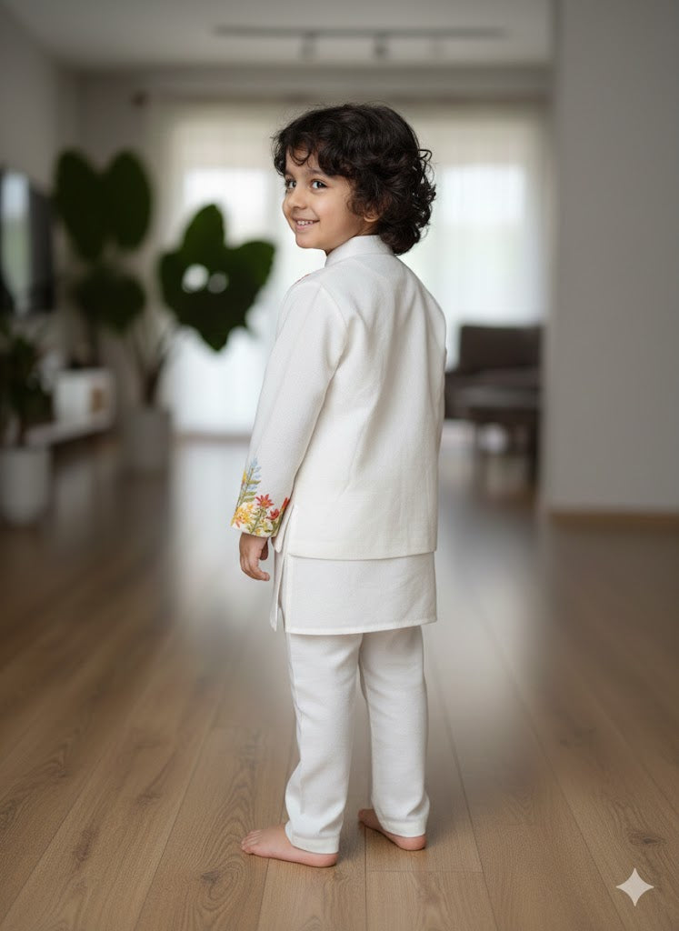 THREAD EMBROIDERED KILANGI WHITE ATTACHED JACKET SET