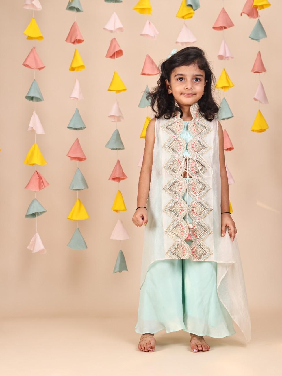 Mint Green Smocked Top and Flare Pant with Thread Embroidered Off White Cape