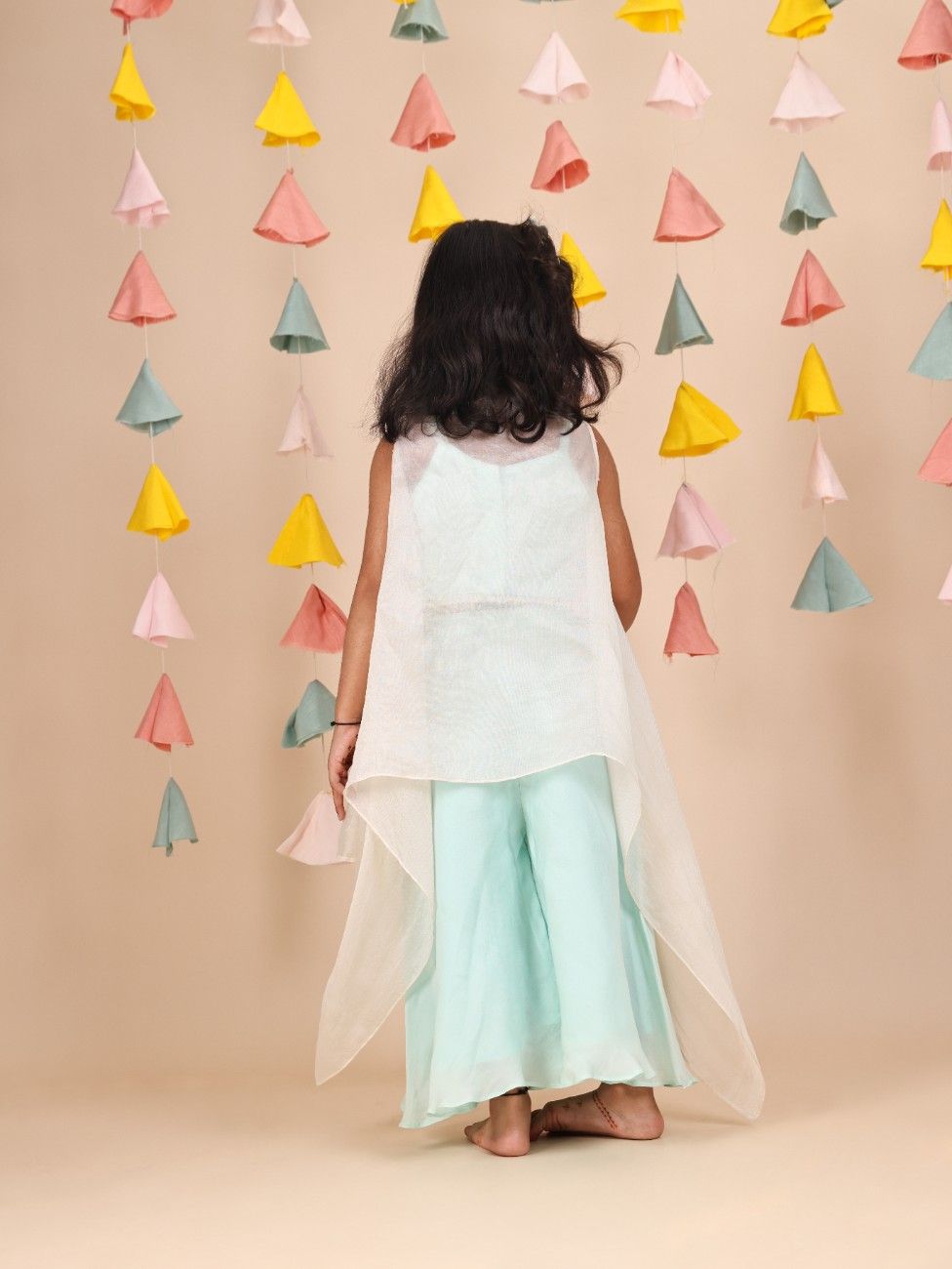 Mint Green Smocked Top and Flare Pant with Thread Embroidered Off White Cape