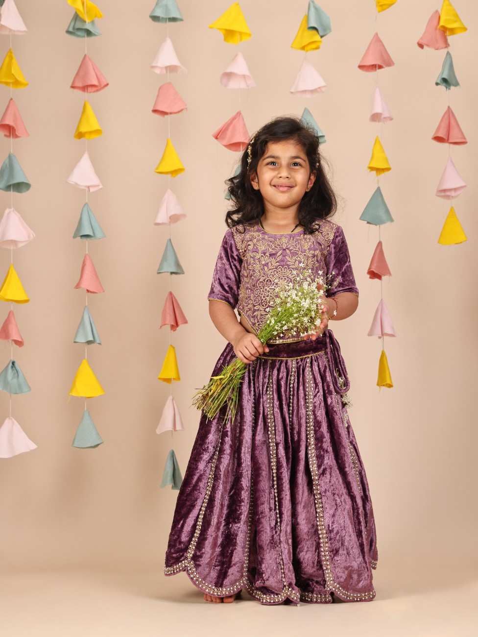 Purple Velvet Zari Top and Moti  Velvet Ghagara