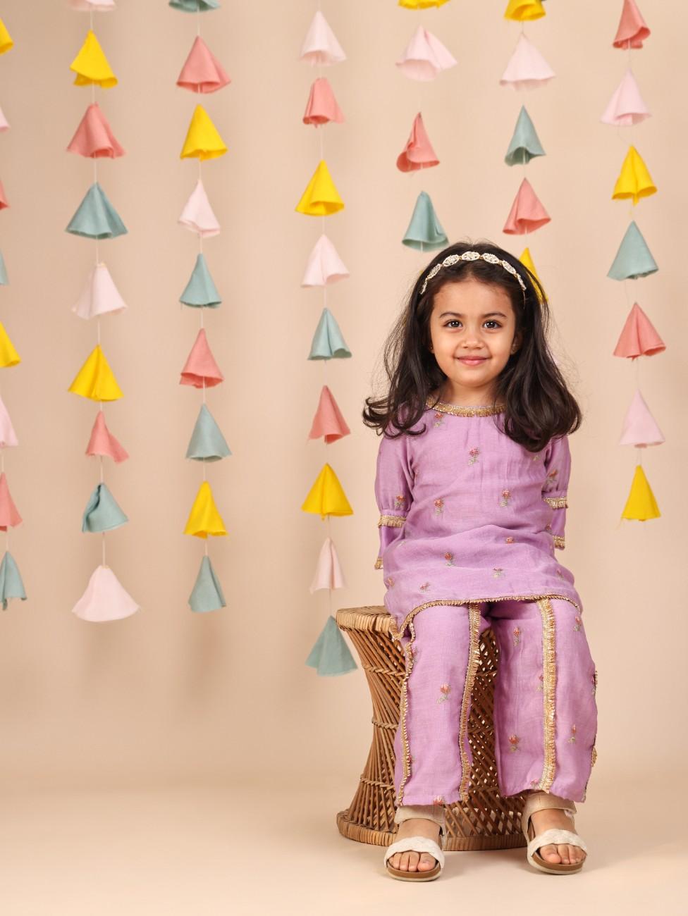 Lavender Cross Stitch Thread Embroidered Kurta and Straight Pant