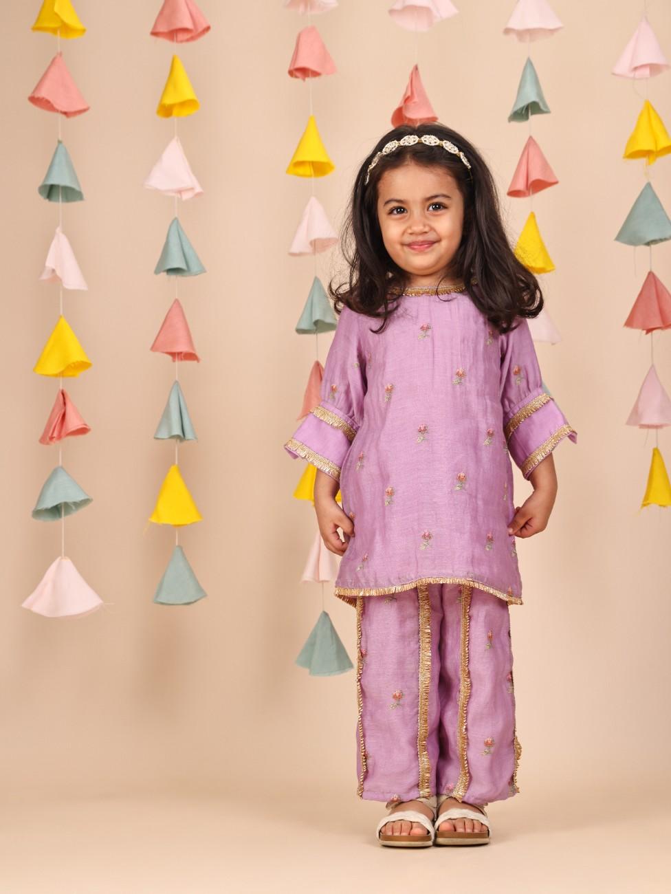 Lavender Cross Stitch Thread Embroidered Kurta and Straight Pant