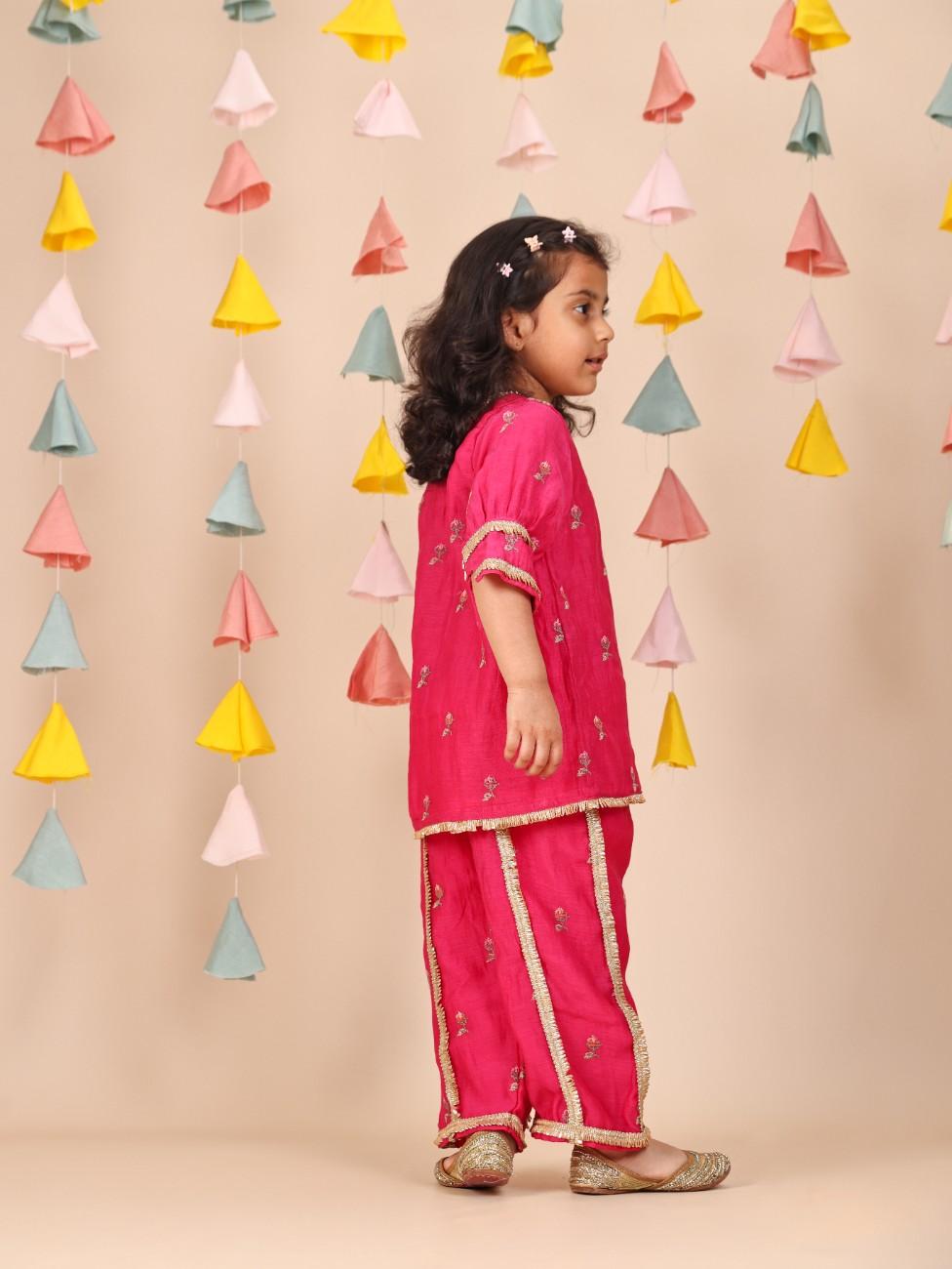 Rani Pink Cross Stitch Thread Embroidered Kurta and Straight Pant