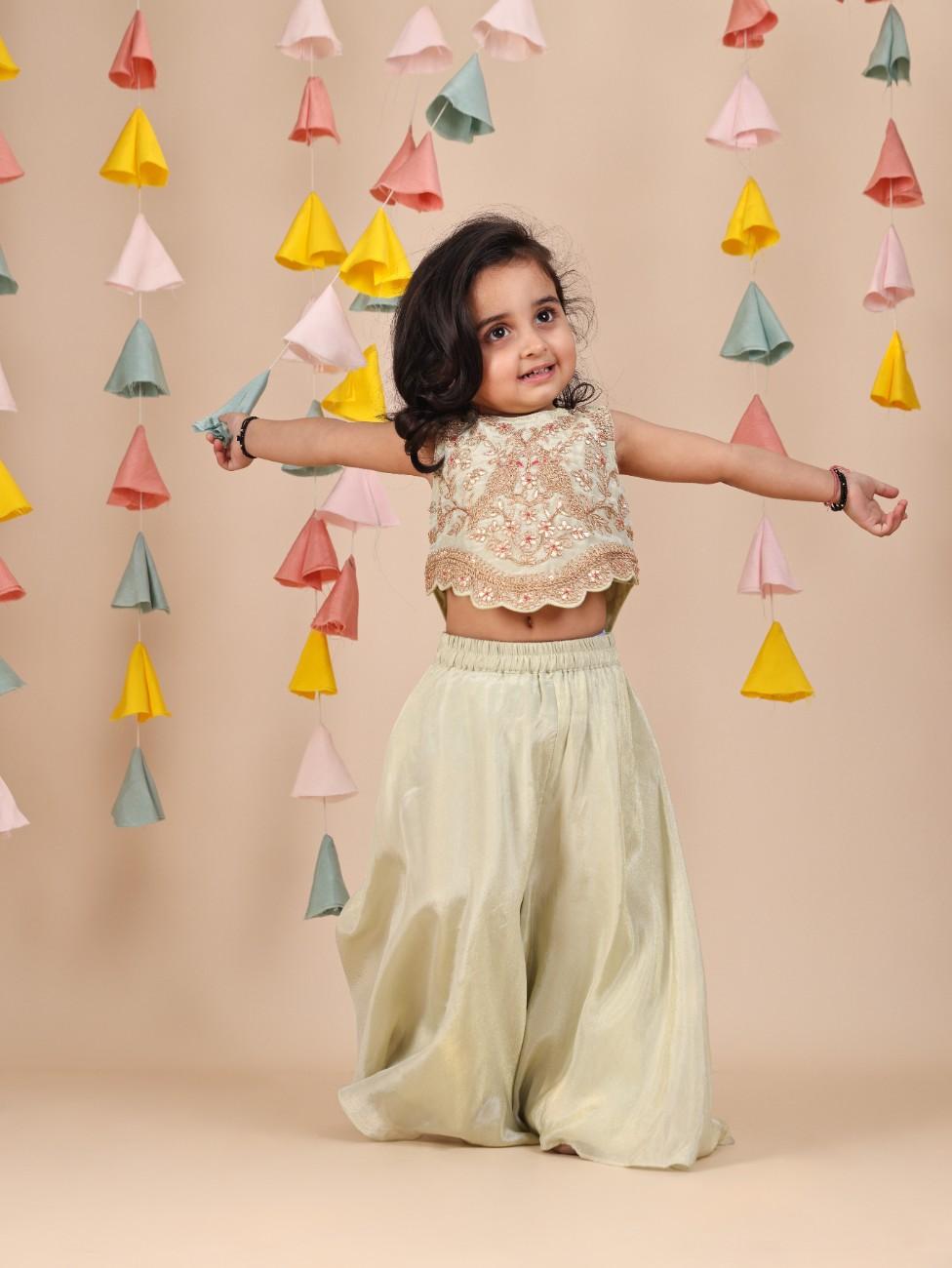 Pista Green Dori and Gota Embroidered Scallop Top with Flare Pant