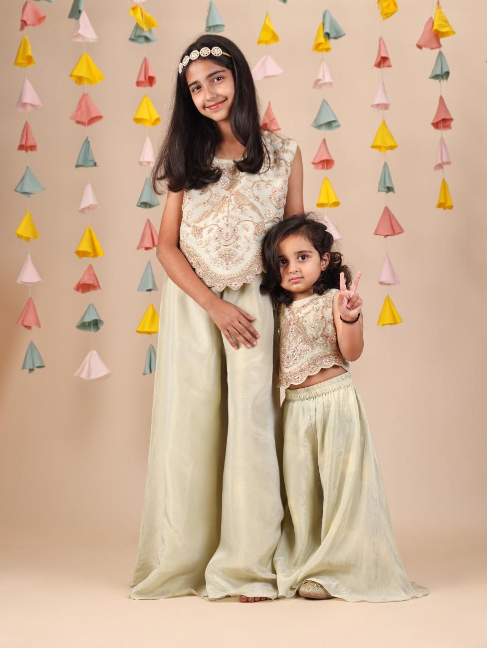 Pista Green Dori and Gota Embroidered Scallop Top with Flare Pant