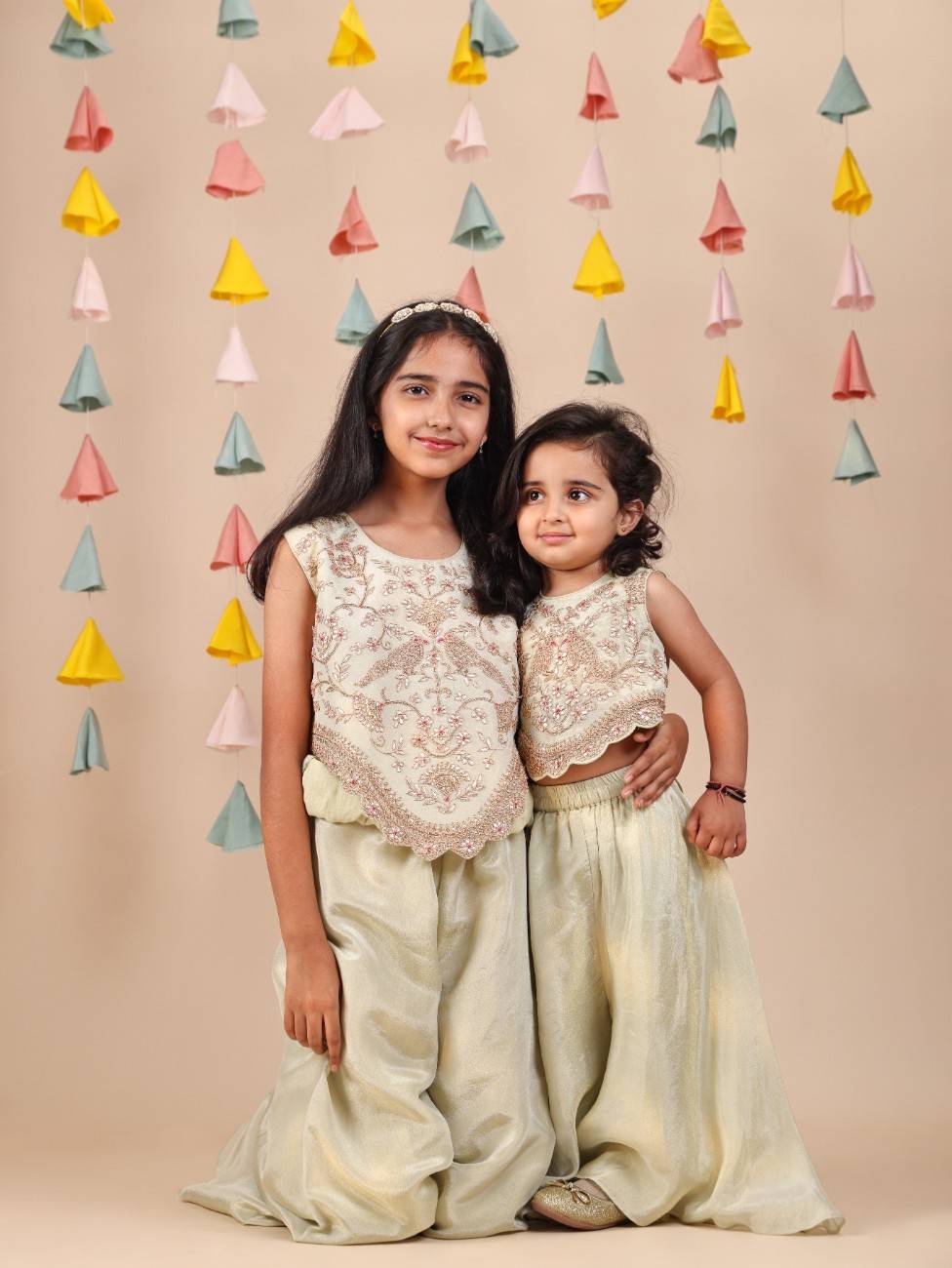 Pista Green Dori and Gota Embroidered Scallop Top with Flare Pant