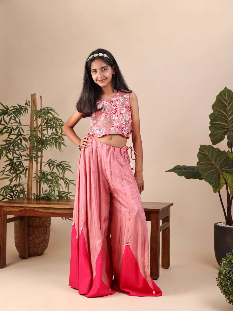 Onion Pink embroidered Top With Flare Pant
