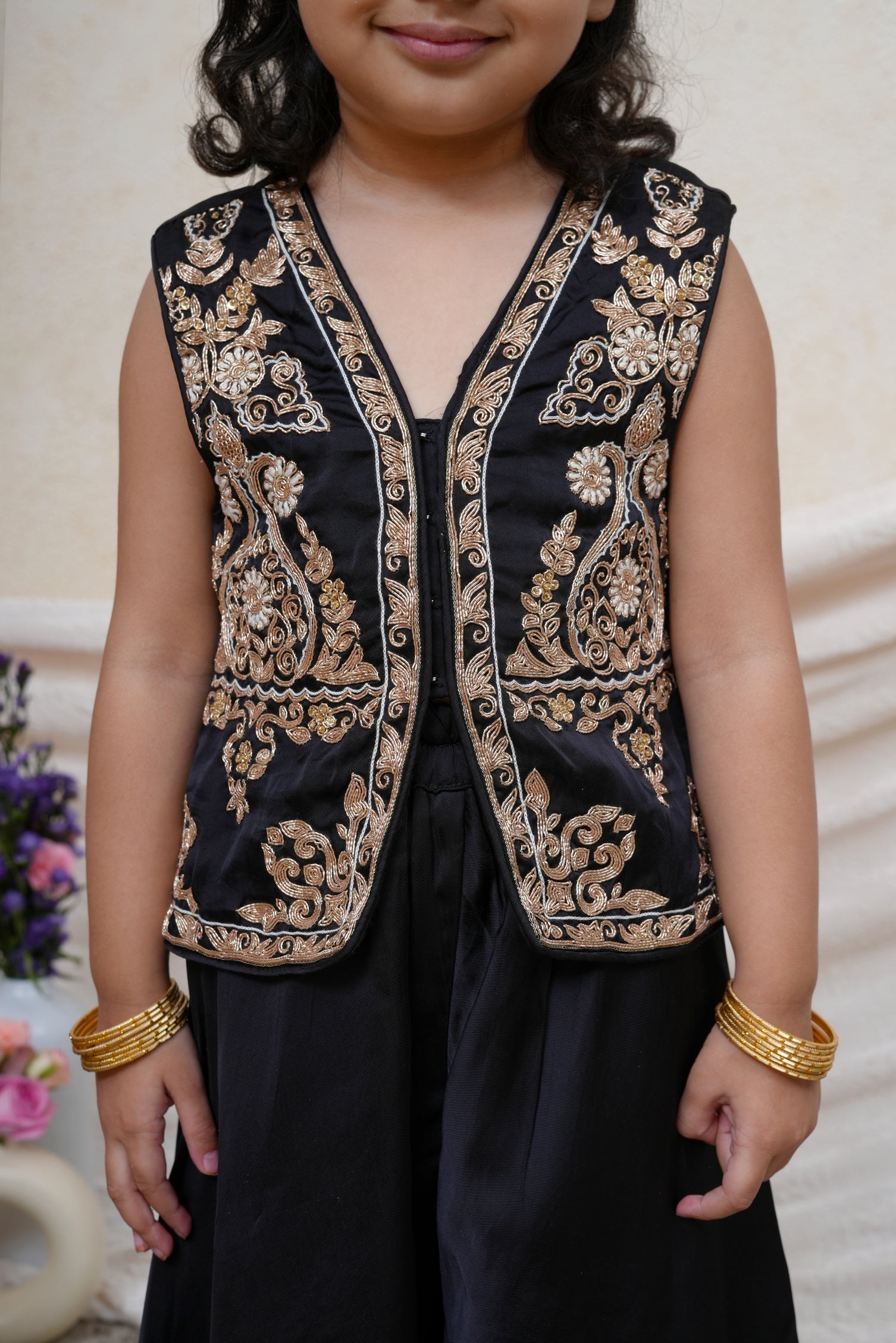 Zari Embroidered Black Jacket Style Top And Flare Pant