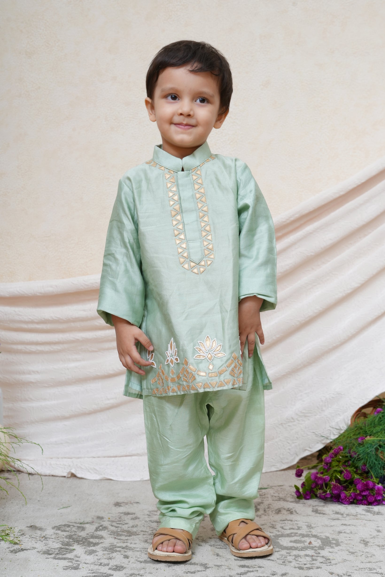 Mint Gota Lotus Embroidered Kurta and Pant