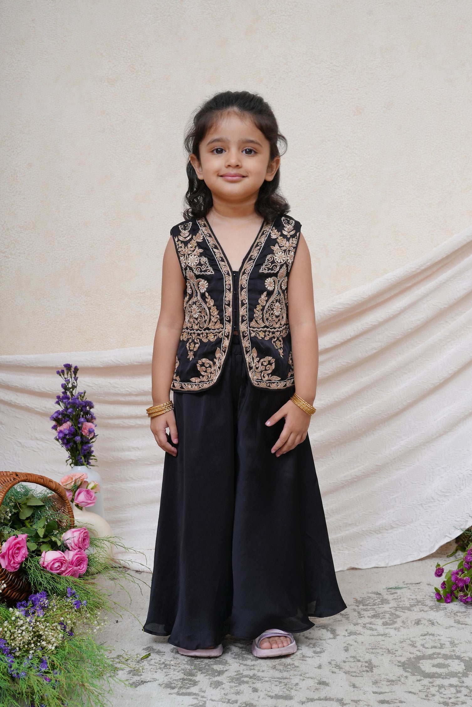 Zari Embroidered Black Jacket Style Top And Flare Pant