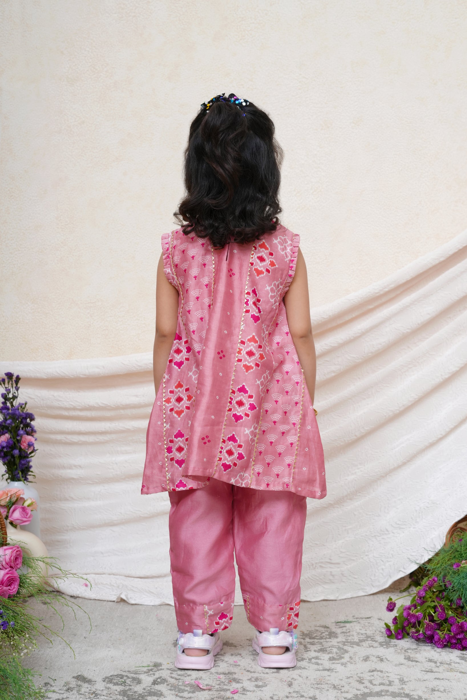 Dust Pink Chanderi Printed Gota Lace Embroidered Kurta and Pant