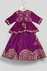 Purple Silk Embroidered Peplum Top & Lehenga Set