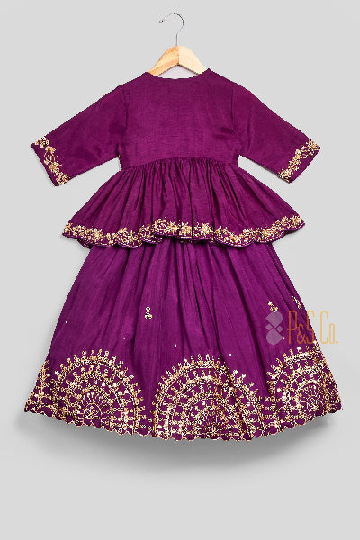 Purple Silk Embroidered Peplum Top & Lehenga Set