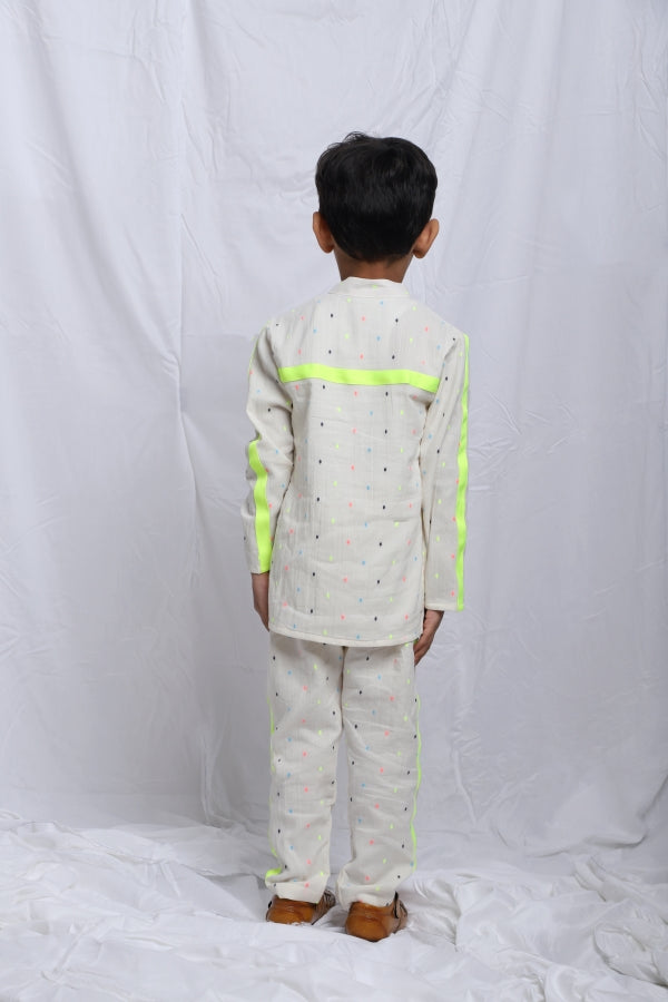 MULTICOLOURED THREAD DOTTED WOVEN KURTA AND PANTS WITH NEON DETAILS - P&S Company