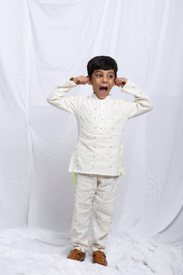 MULTICOLOURED THREAD DOTTED WOVEN KURTA AND PANTS WITH NEON DETAILS - P&S Company