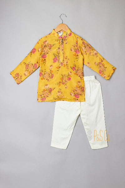 Mustard Floral Printed Kurta with Pyjama