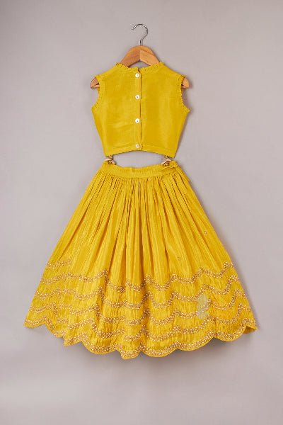 Intricate Zari Thread Embroidered Yellow Top And Beaded Scalloped Lehenga