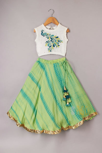 Peacock Embroidered Top With Shibori Lehenga