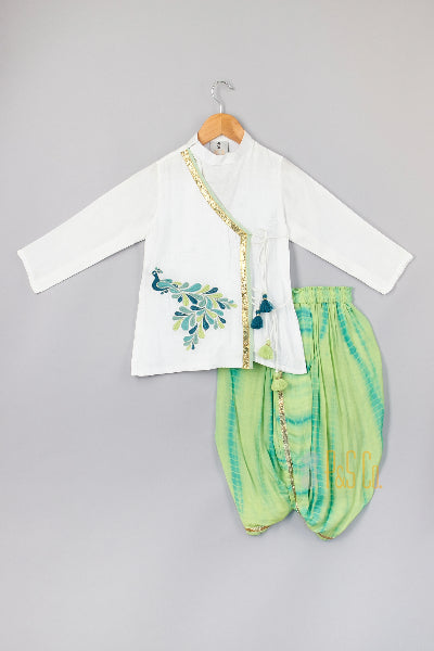 Peacock Embroidered Angarkha Kurta With Shibori Dhoti