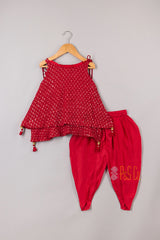 Exquisite Red Sequins And Thread Embroidered Layered Top With Tulip Dhoti
