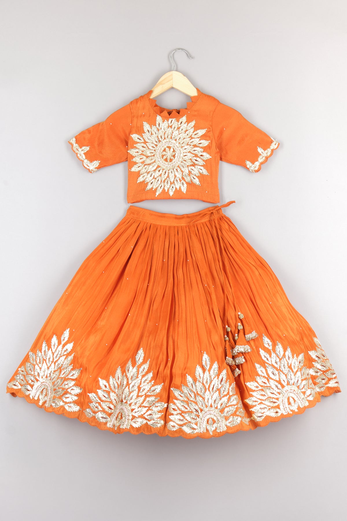 Orange Gota Embroidered Yoke Top And Scalloped Hem Lehenga