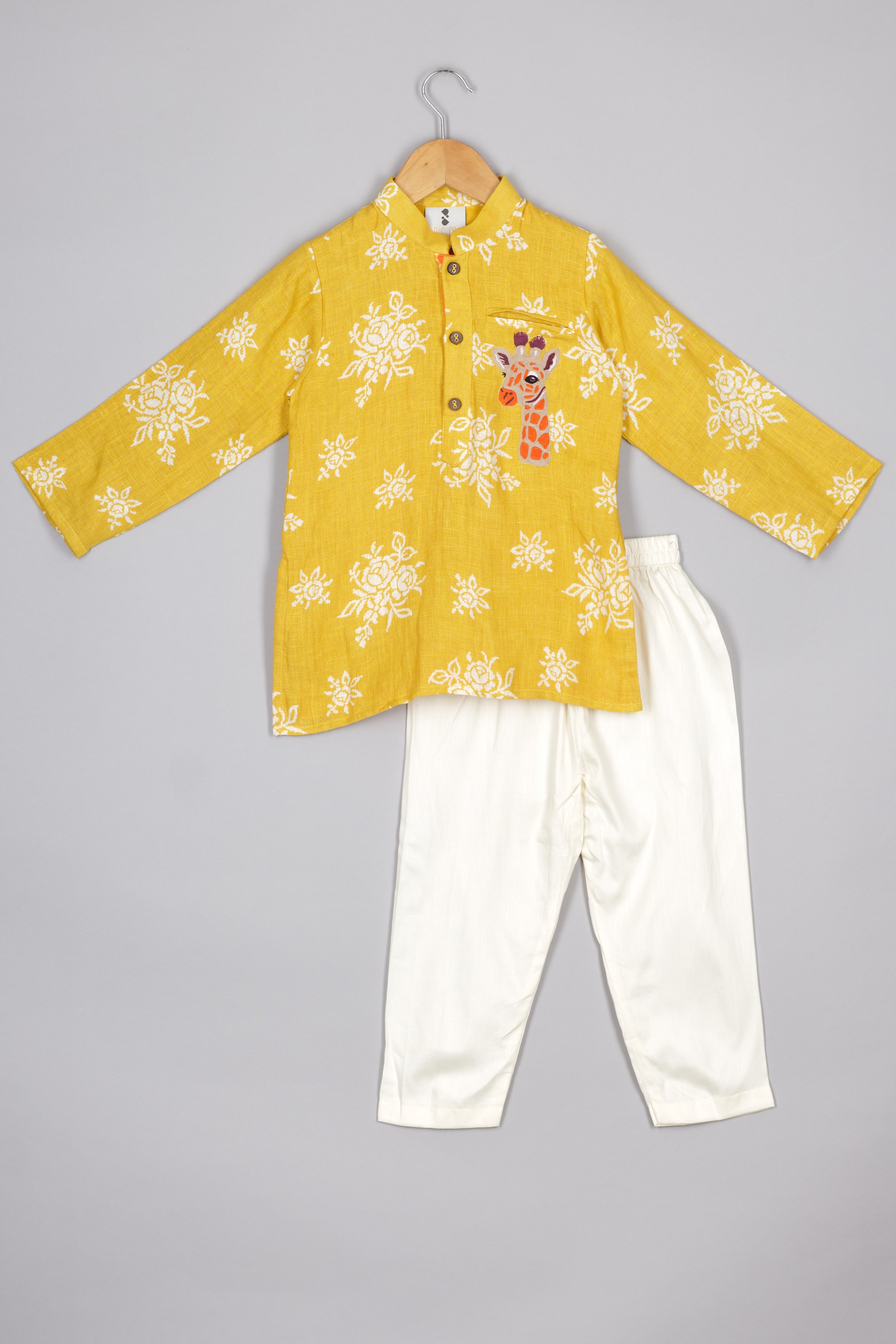 Yellow Giraffe Embroidered Linen Kurta and Pant