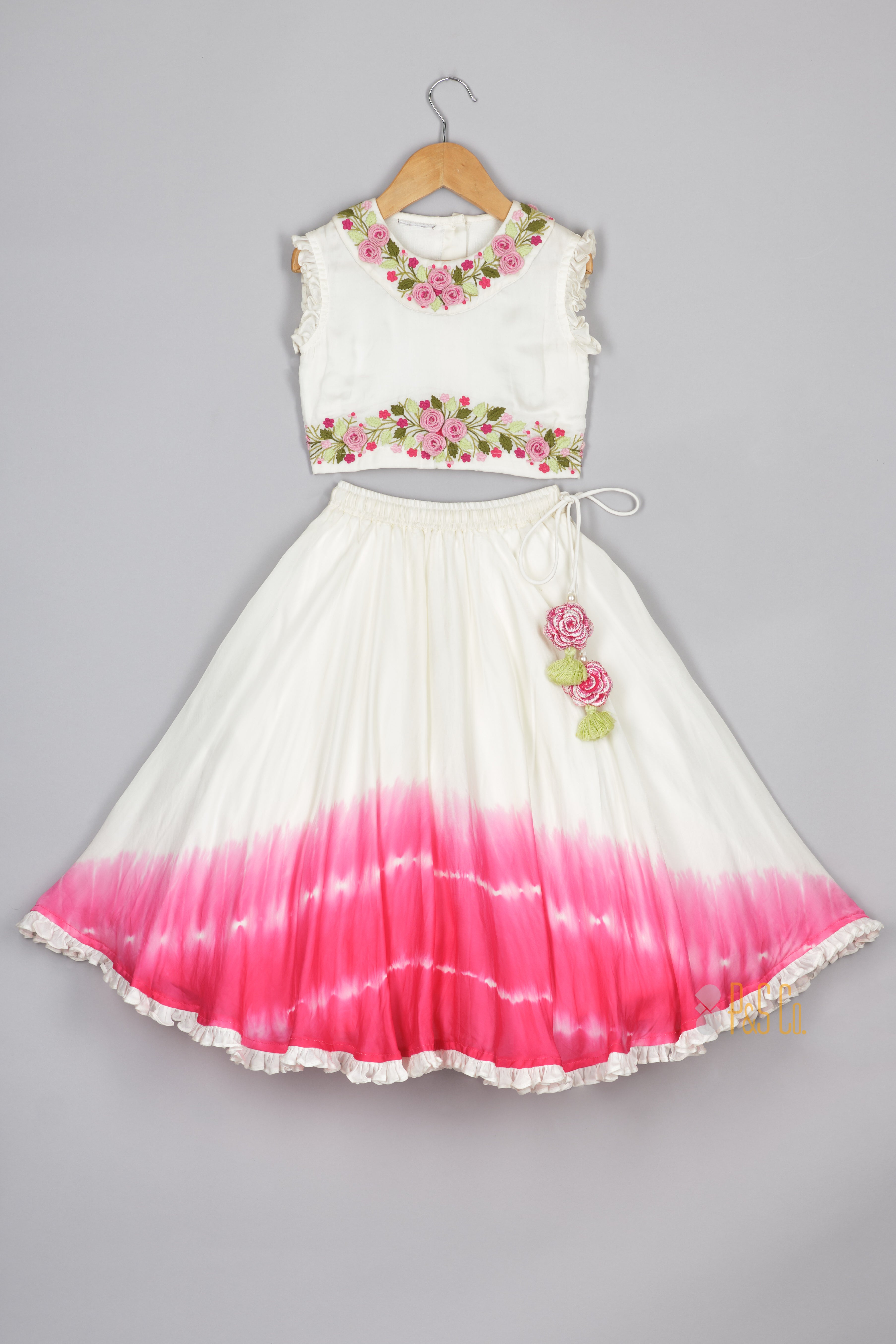 Off-White Floral Top And Dual-Tone Lehenga