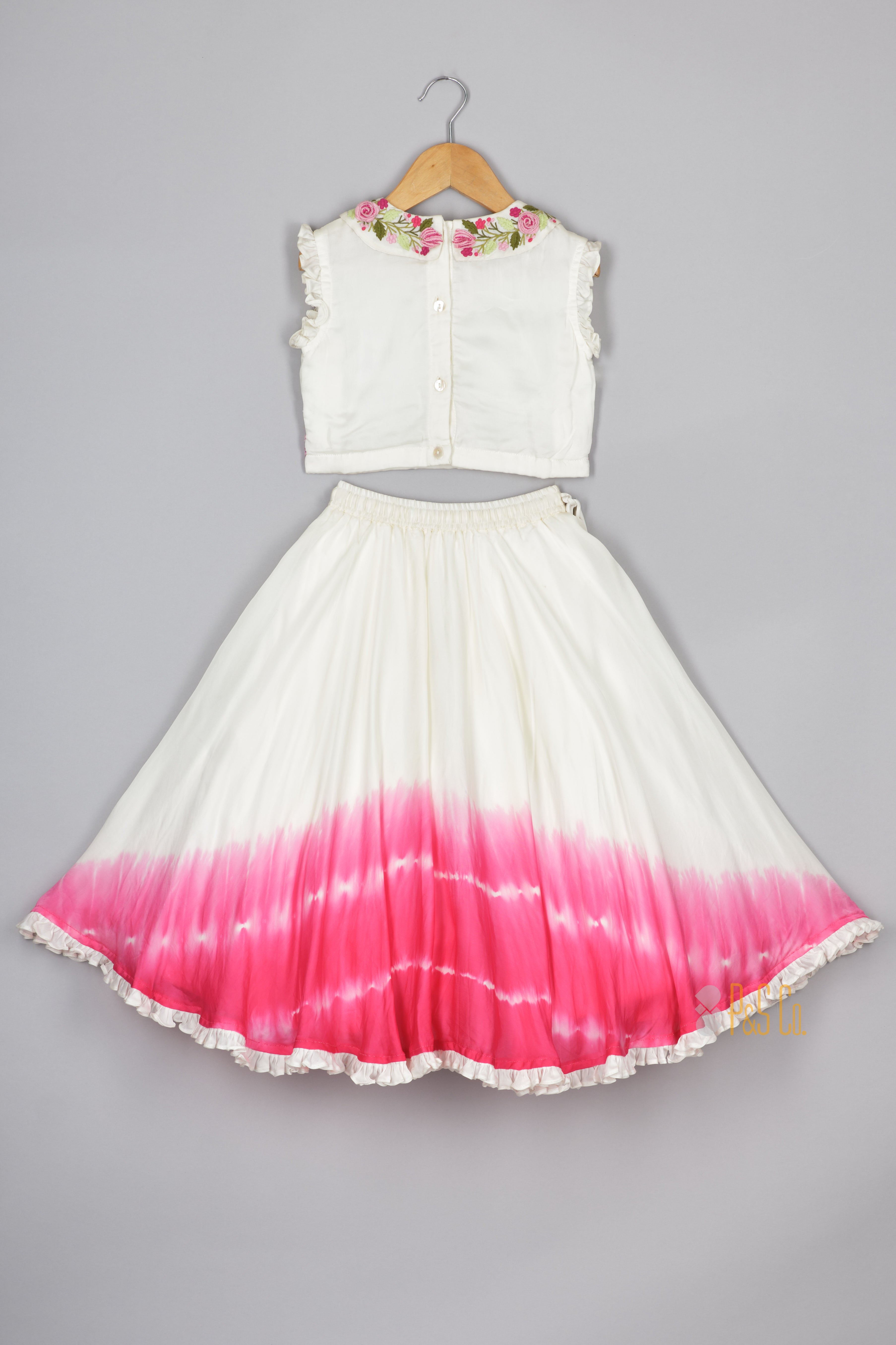 Off-White Floral Top And Dual-Tone Lehenga