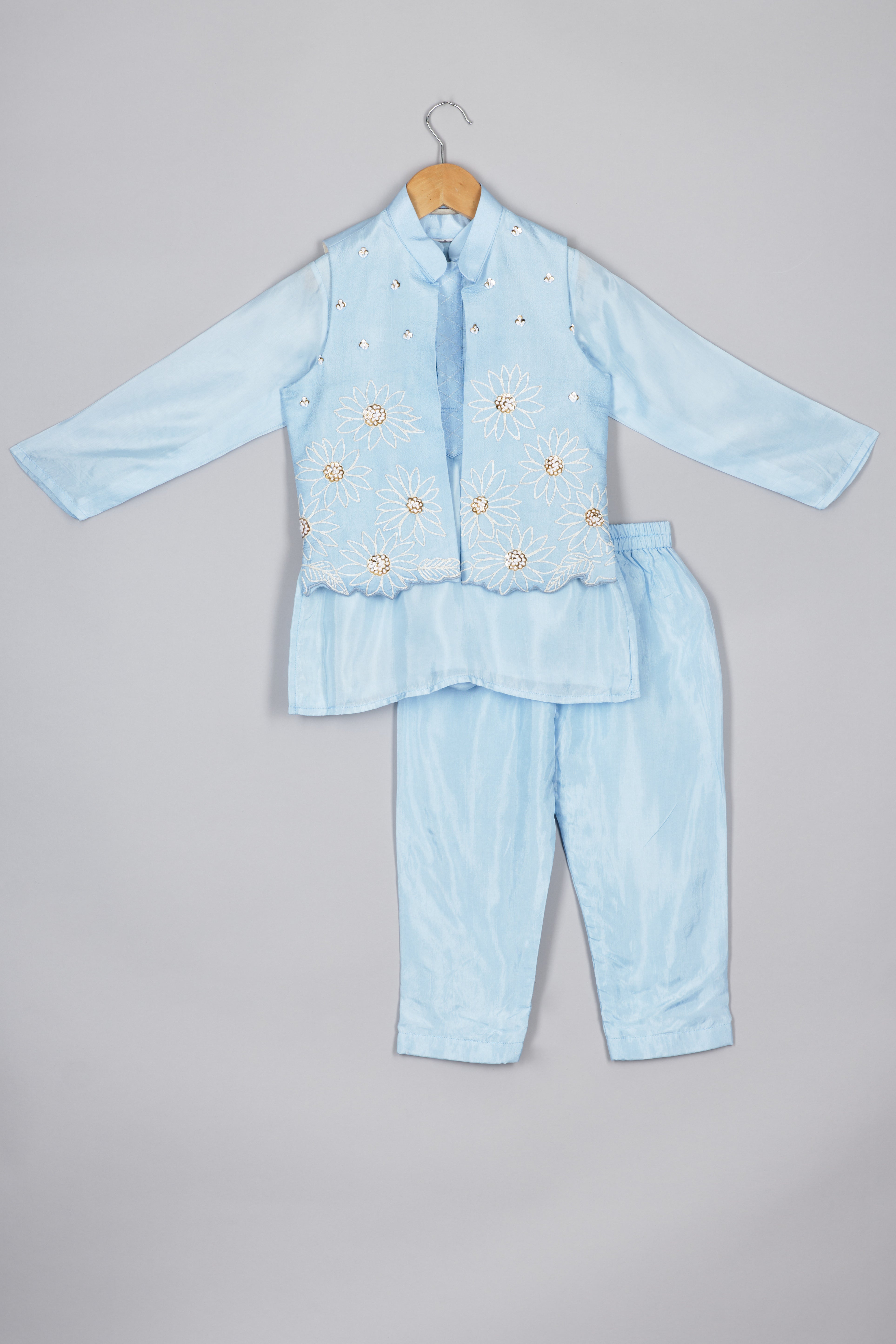 Cord Embroidered Powder Blue Nehru Jacket Set