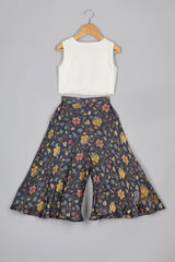 Off White Top And Navy Floral Flare Pant