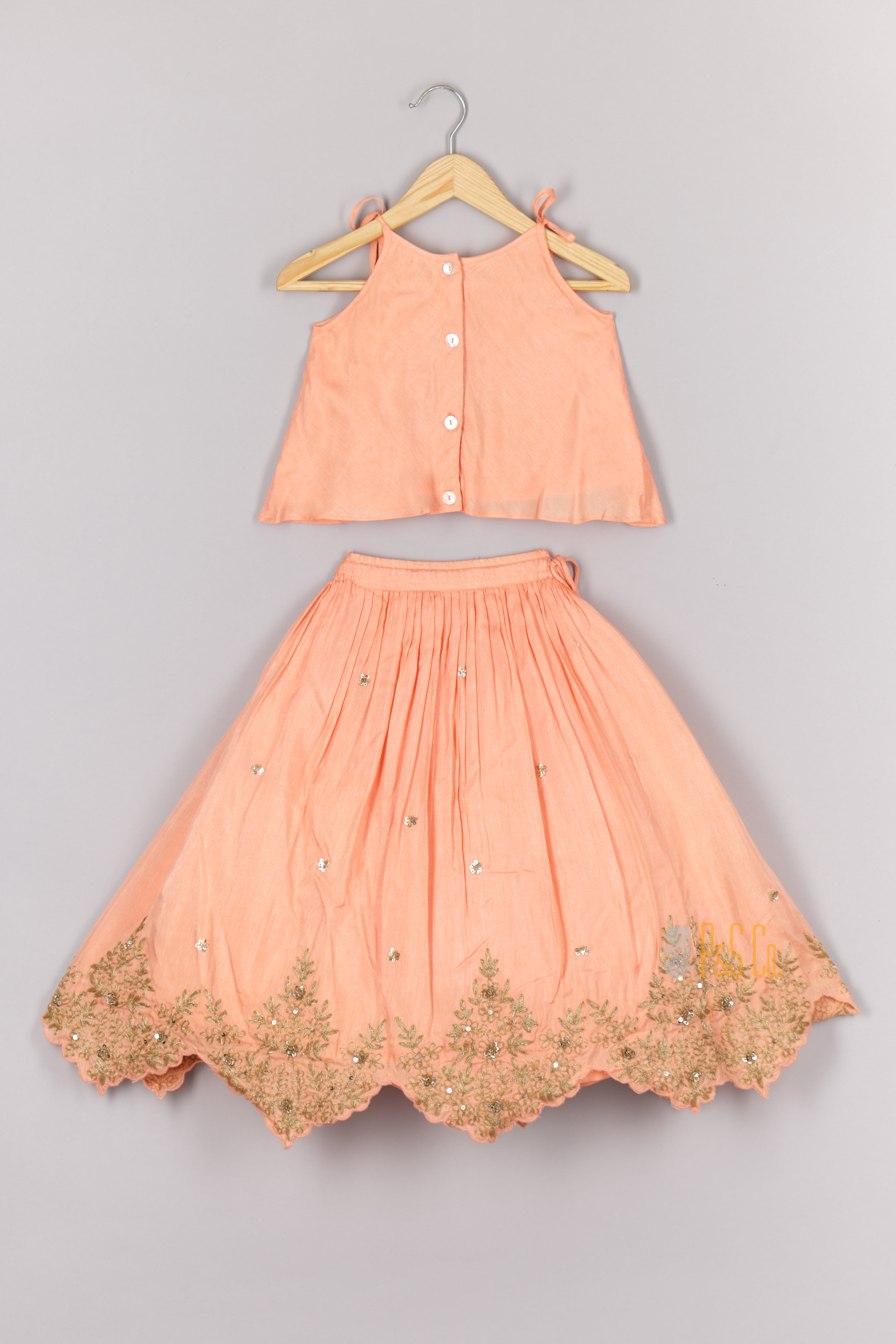 Embroidered Peach Tie-Up Strap Top And Pleated Lehenga